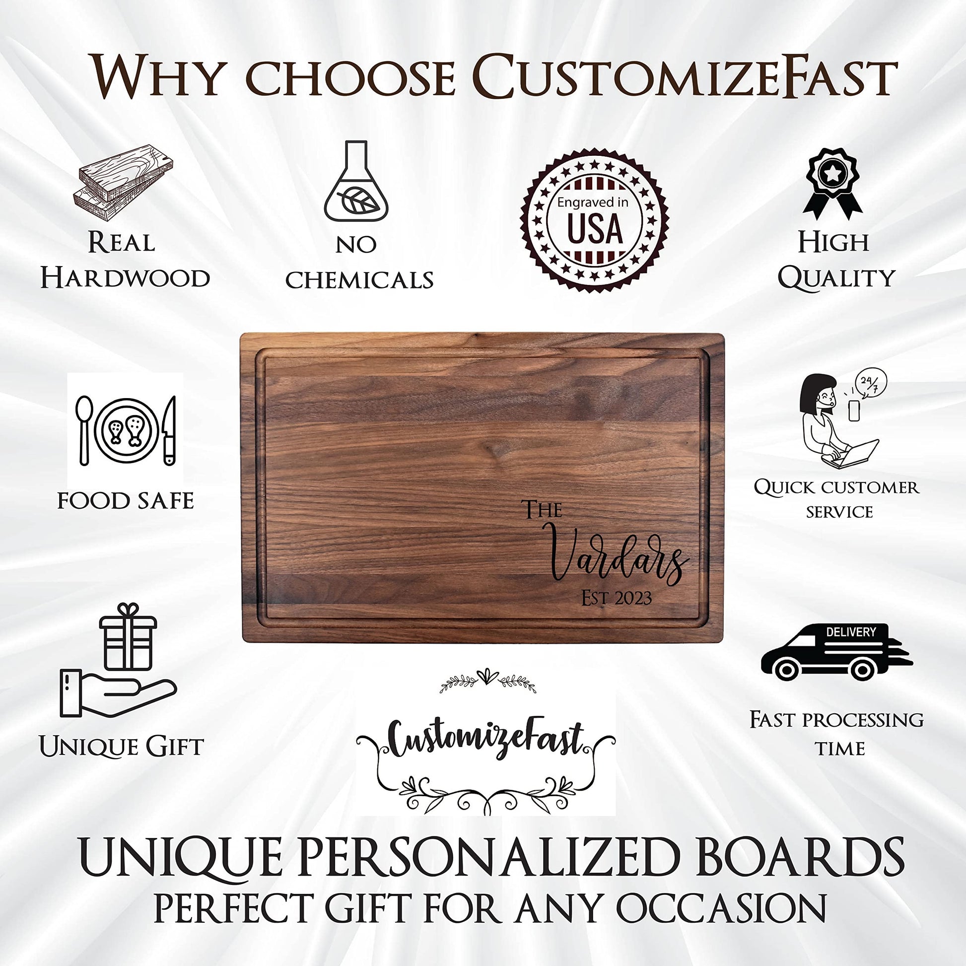 Custom Cutting Board. Personalized Cutting Board. Wedding Gifts. Bridal Shower Gifts. (Walnut, 11"x17" with juice groove) - WoodArtSupply