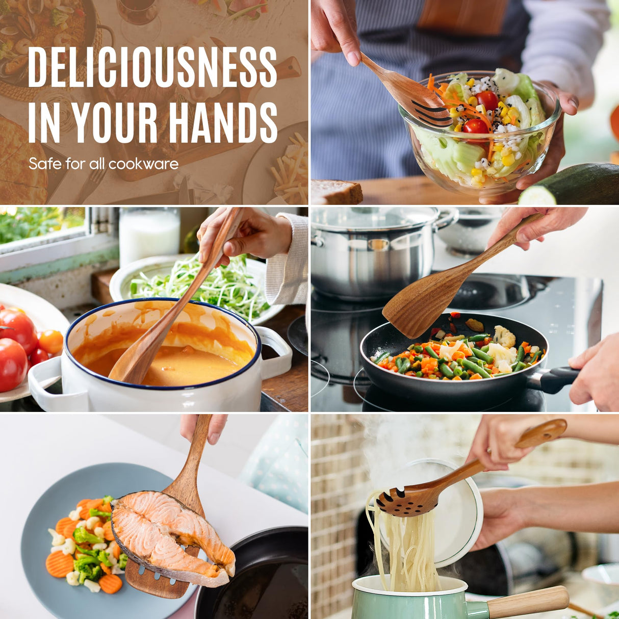 5 PCS Wooden Spoons for Cooking Natural Teak Kitchen Utensils Smooth Non-Stick Surface Cooking Utensils Set Soft Comfort-Grip Wooden Utensils for Cooking MULBOM