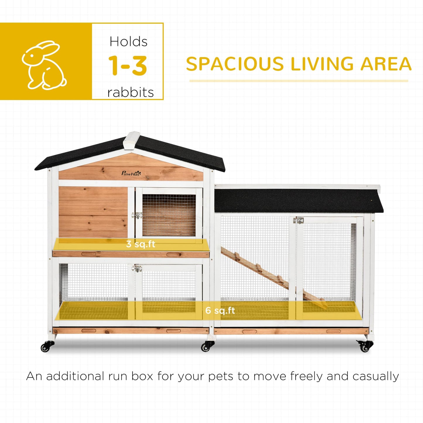 PawHut 62" Rabbit Hutch, Wooden Bunny Hutch, Guinea Pig Cage, Small Animal Enclosure with Wheels, Run Area, Removable Tray, Asphalt Roof, Lockable Doors and Ramp, Nature Wood - WoodArtSupply