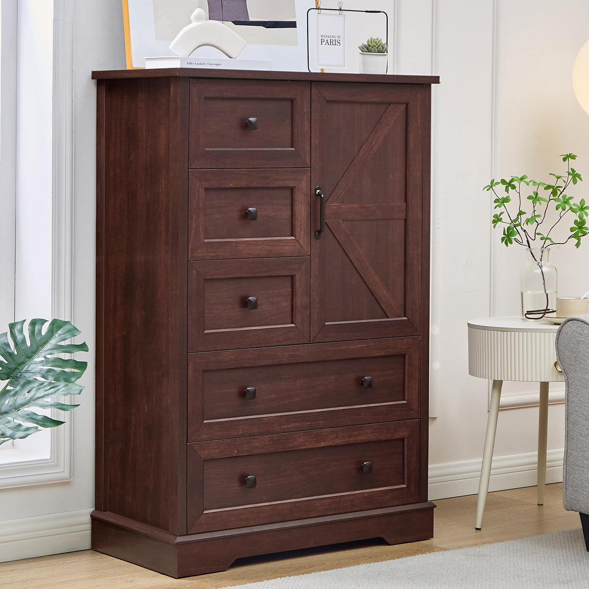 SOOWERY Dresser for Bedroom, Farmhouse Dresser with 5 Wooden Drawers and Storage Cabinet, 48 Inches Tall Chest of Drawers for Bedroom, Living Room, Hallway, Dark Cherry SOOWERY