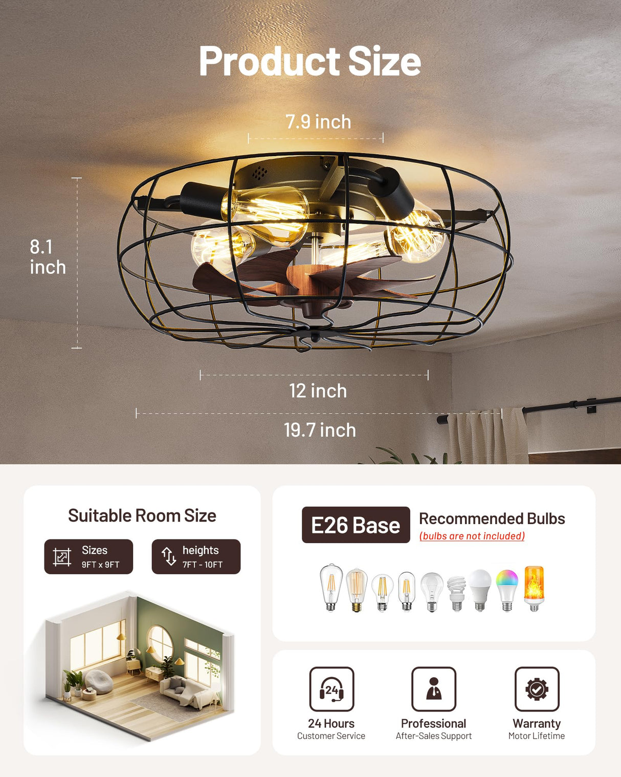 CubiCubi Caged Ceiling Fans with Lights, 20" Industrial Low Profile Fandelier with Remote and APP Control, Ultra Quiet 6 Wind Speed Small Farmhouse Ceiling Fan for Bedroom, Dining Room CubiCubi