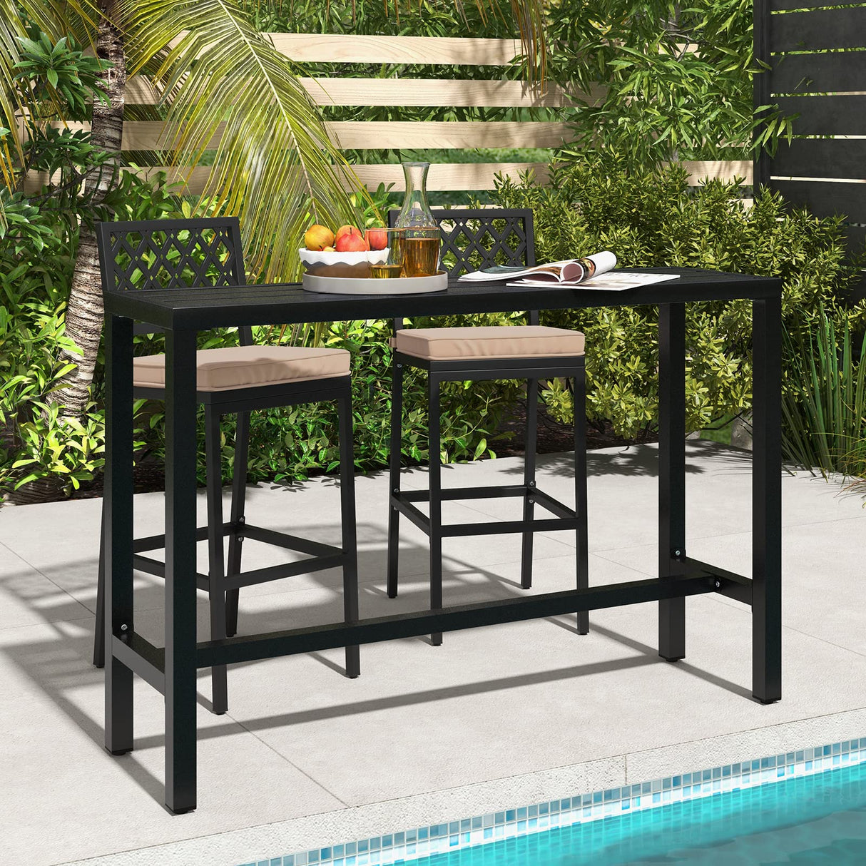 COSTWAY 3 Piece Outdoor Bar Table and Chairs Set, 55" Pub Height Bar Table & 2 Cushioned Bar Stools with Rhombus Backrest, Metal Patio Bar Table Set for Balcony, Backyard, Porch, Pool COSTWAY