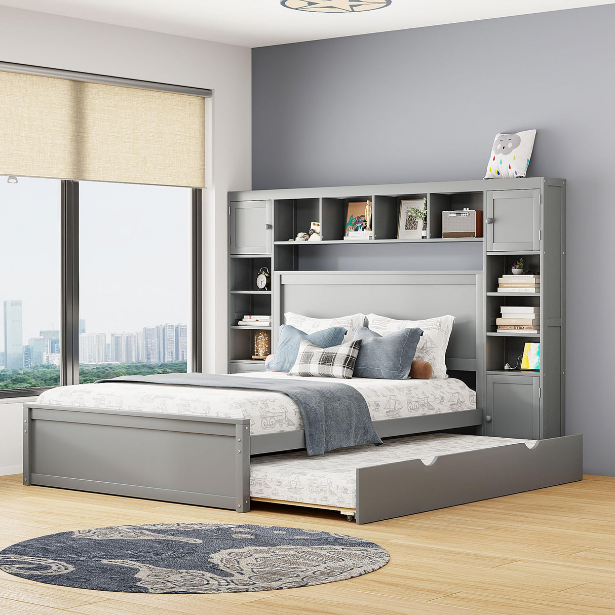 Queen Storage Bed with Bookcase Headboard, Queen Size Platform Bed with Trundle and 2 Storage Drawers, Solid Wood Queen Size Bed Frame with Cabinet and Shelf, No Box Spring Needed (Gray) Harper & Bright Designs