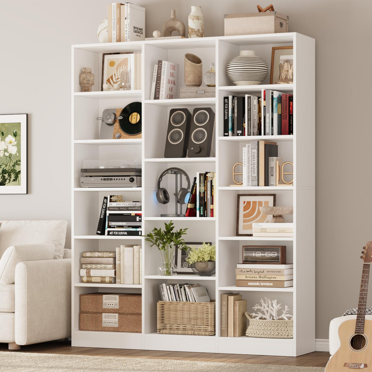 FACBOTALL Triple Wide Bookshelf, 6 Tier Large Bookshelf, Bookcase with 17 Open Display Shelves, 74'' Tall Bookcases and Bookshelves for Living Room, Home Office, Library, White FACBOTALL