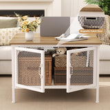 FABATO Lift Top Coffee Table, Square Coffee Table Metal Wood, Farmhouse Lift Up Coffee Table Cocktail Table with Wire Mesh Barn Door and Storage, Steel Frame, Small Tea Table for Living Room, White FABATO