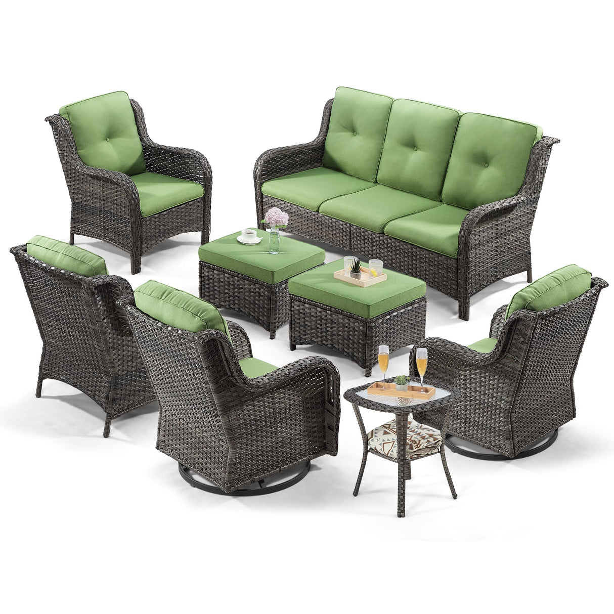 Joyside Wicker Patio Furniture Sets 8 Piece Set with 3-Seat Sofa, 2 Swivel Rocking Armchairs, 2 Armchairs, 2 Ottoman and 1 Side Table Wicker Outdoor Conversation Set(Brown Mixed Gray/Green) Joyside
