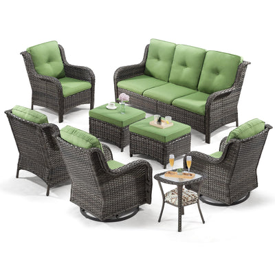 Joyside Wicker Patio Furniture Sets 8 Piece Set with 3-Seat Sofa, 2 Swivel Rocking Armchairs, 2 Armchairs, 2 Ottoman and 1 Side Table Wicker Outdoor Conversation Set(Brown Mixed Gray/Green)