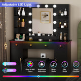 HUANLEGO Vanity Desk with Mirror and Lights, Black Makeup Vanity Mirror with RGB LED Lights, 3 Color Modes Adjustable Vanity Desk with Charging Station, 3 Drawers and Vanity Chair for Bedroom HUANLEGO