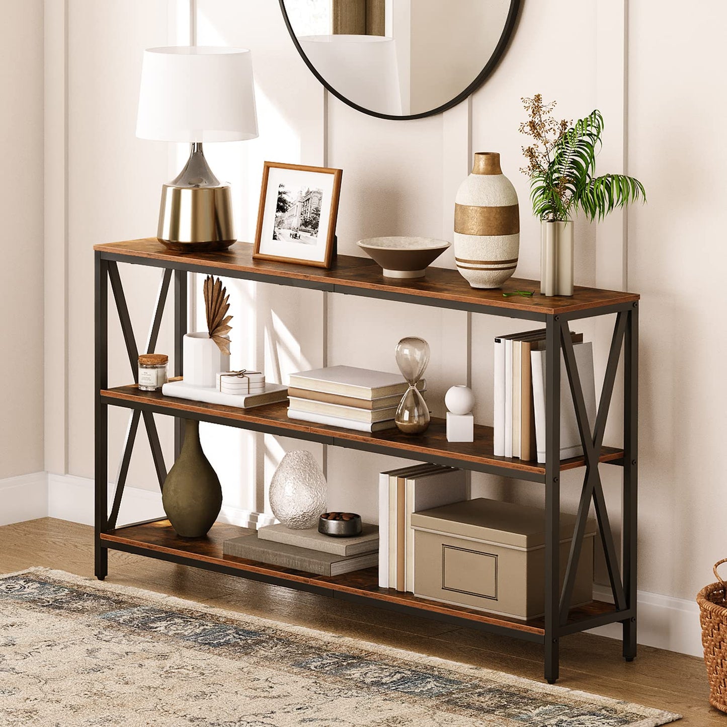 MAHANCRIS 55" Sofa Table, Industrial Console Table, 3-Tier Narrow Side Table with Open Shelves, Foyer Table for Entryway, Hallway, Kitchen, Living Room and Bedroom, Rustic Brown CTHR80401