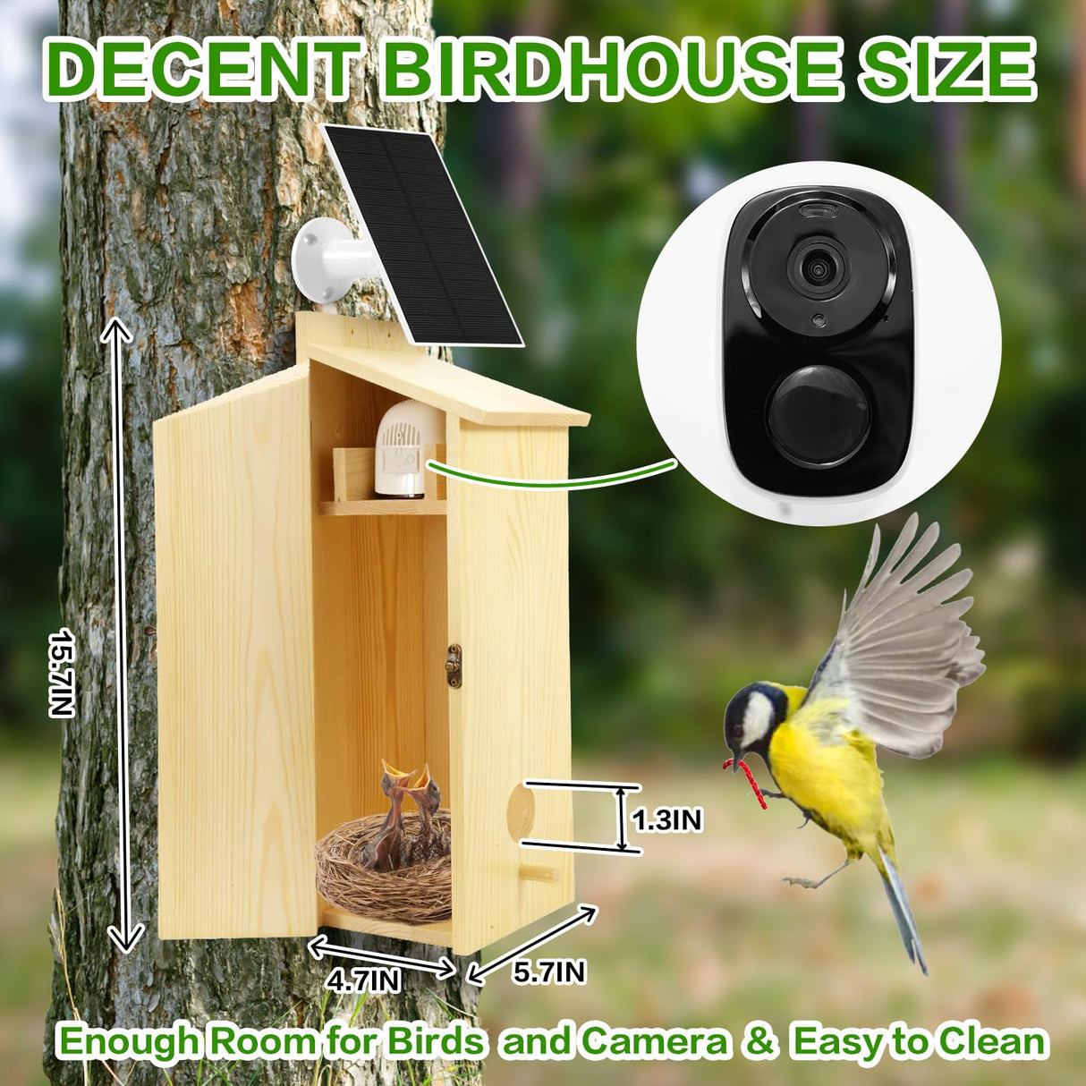 FlyGift Bird House with Camera - Smart Bird Nest with 1080P HD Full Color Night Vision Bird Cam, 2.4G WiFi & App Notify Solar Powered with Nest Auto Capture Photo & Video, Ideal Gift for Family FlyGift