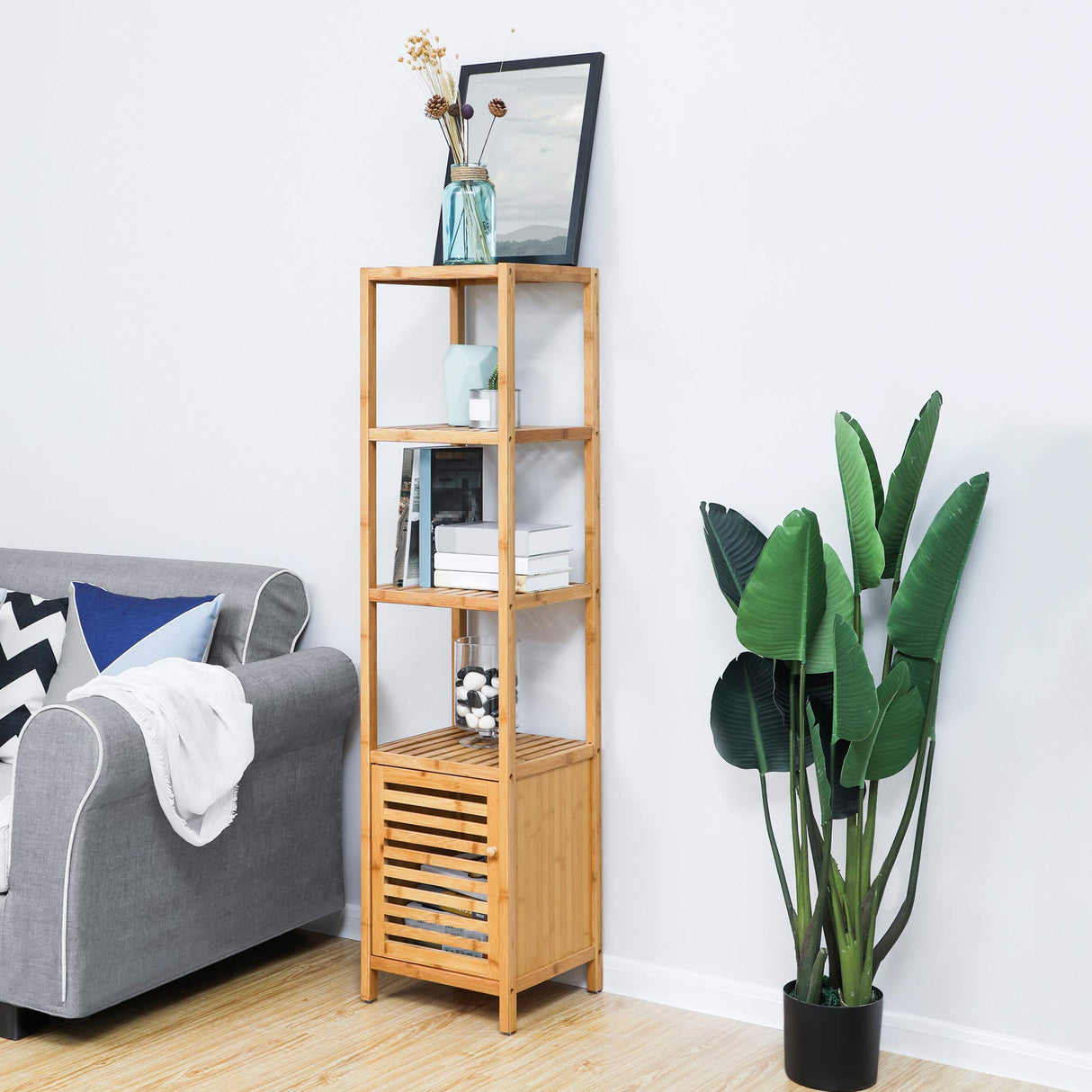 SONGMICS Bamboo Bathroom Storage Floor Cabinet, 4 Tiers Multifunctional Floor Shelving Unit, Free Standing Tower Corner Rack, Natural UBCB50Y SONGMICS