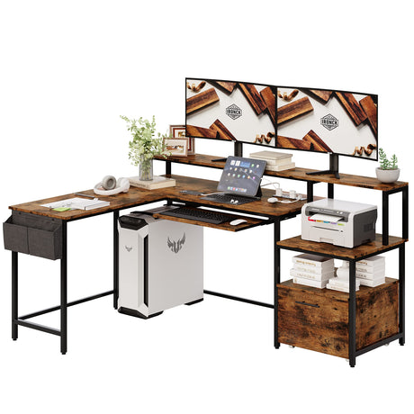 IRONCK L Shaped Computer Desk, 66" Corner Desk with Power Outlet, File Drawer, Keyboard Tray, Riser Monitor Shelf and Storage Bag, Study Writing Table Workstation for Home Office, Vintage Brown IRONCK