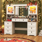 jiteentarou 60" Large Farmhouse Vanity Desk with LED Mirror, Lights and Charging Station, Glass Top Makeup Vanity Table w/8 Drawers, LED Glass Storage Cabinet, Dressing Table for Bedroom, Rustic White jiteentarou