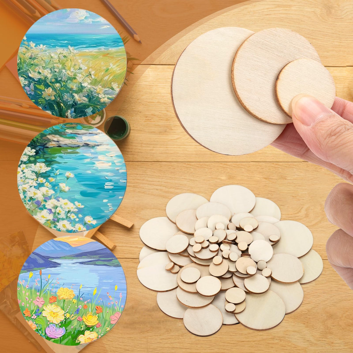 450 Pieces Unfinished Wood Circles for Crafts, 5 Size Wood Rounds Wooden Disc Circles Blank Natural Wood for DIY Painting Carving Art Craft Nitelemn