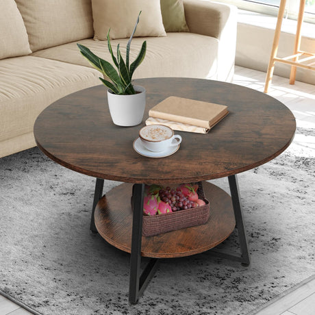 Masigle Round Coffee Table, 2-Tier Circle Coffee Table with Storage, Modern Wood Round Center Table, for Living Room, Small Space, Home Office, Easy Assembly, Rustic Brown Masigle