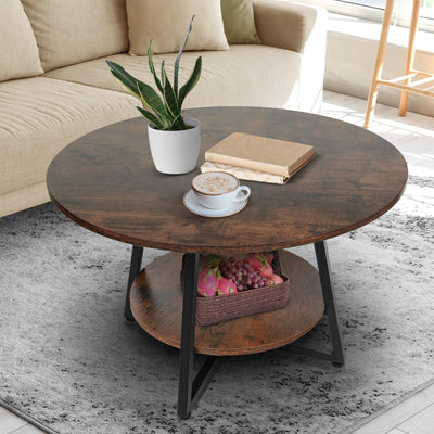 Masigle Round Coffee Table, 2-Tier Circle Coffee Table with Storage, Modern Wood Round Center Table, for Living Room, Small Space, Home Office, Easy Assembly, Rustic Brown