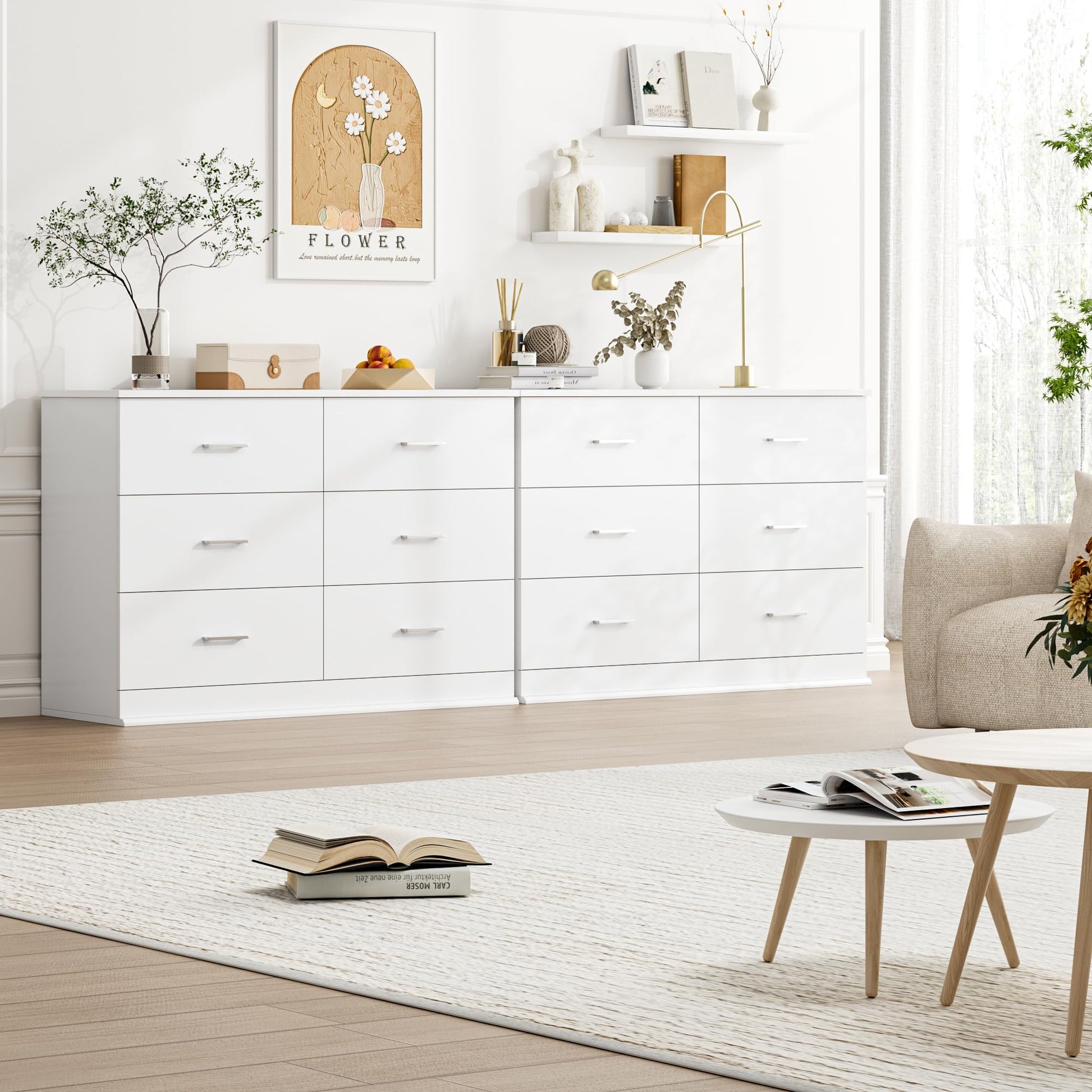 FOTOSOK White Dresser, 47.2'' Large 6 Drawer Dresser Wide Chest of Drawers for TV Stand, Modern Dresser White Floor Storage Drawer Cabinet for Home Office, White - WoodArtSupply