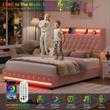 HIFIT Upholstered Full Size LED Bed Frame with Charging Station & 4 Storage Drawers, Velvet Crystal Button-Tufted Wingback Headboard, Princess Platform Bed Frames for Girls, No Box Spring Needed, Pink HIFIT