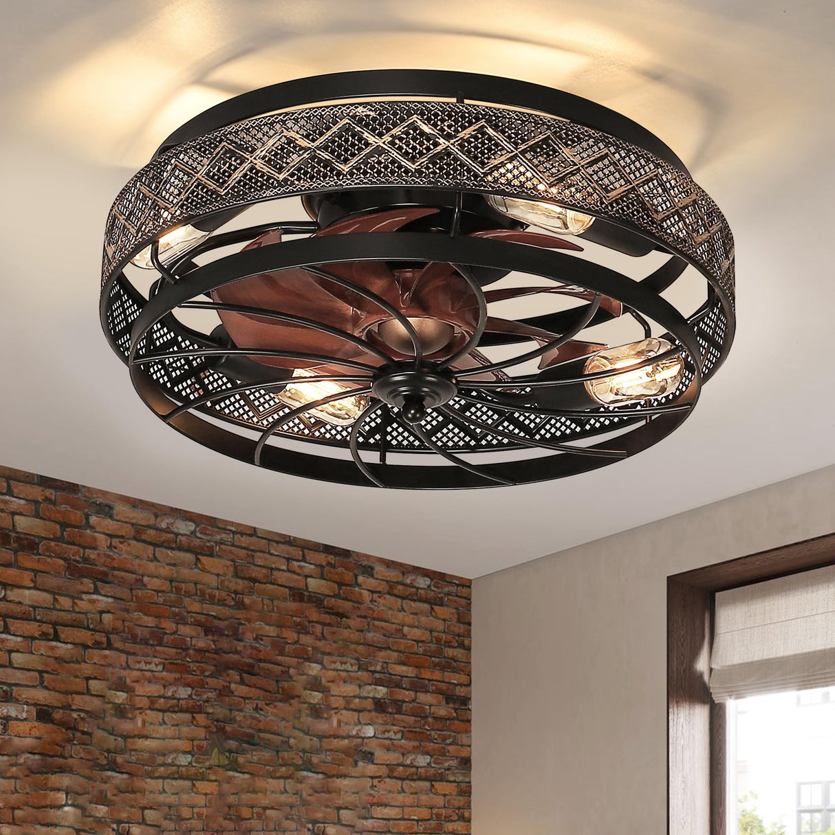 SHIHOT Low Profile Caged Ceiling Fans with Lights and Remote, Flush Mount Ceiling Fan with Light, Bedroom Fan, Small Industrial Black Ceiling Light Fixture, Reversible(Bulbs not Included) SHIHOT