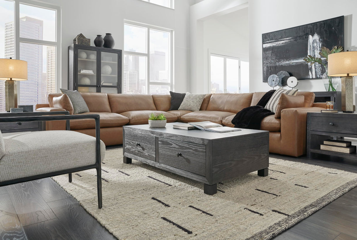 Signature Design by Ashley Emilia Modern Modular Leather Match 5-Piece Sectional with Loose Back Cushions and 2 Bolster Pillows, Light Brown Signature Design by Ashley