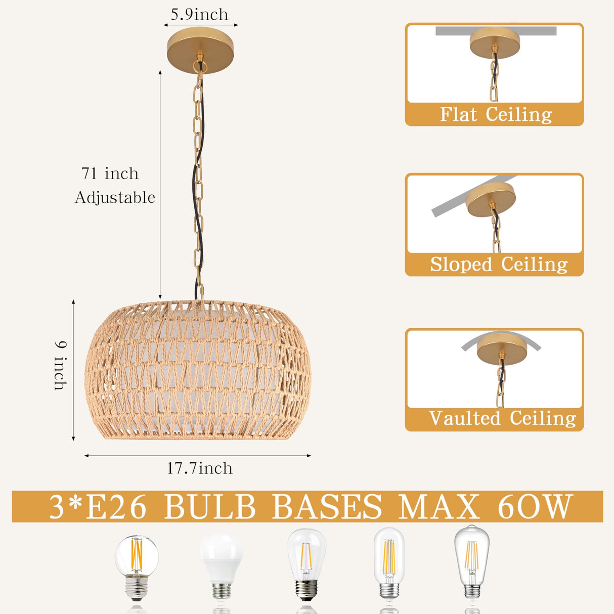 18" Rattan Farmhouse Chandeliers for Dining Room,3-Light Hand-Woven Rattan Chandelier,Farbic Shade Boho Chandelier Pendant Light fixture Drum Chandelier Hanging Lights for Bedroom Kitchen Island AyshwillDec