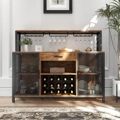 Gyfimoie Wine Bar Cabinet with Drawer and LED Lights, 55 Inches Industry Coffee Bar Cabinet with Wine Rack and Glass Goblet Holder, Kitchen Sideboard Buffet Cabinet for Liquor and Goblet - WoodArtSupply