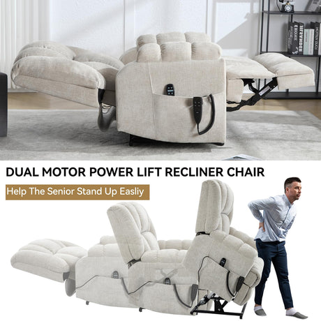 RHHVVR Power Lift Recliner Chair for Elderly, Oversized Chenille Electric Recliners Chairs for Living Room, Dual Motor 180° Lay Flat Recliner Big Sofa with Massage and Heating, Heavy-Duty, Beige RHHVVR