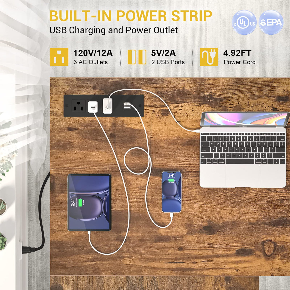 Aheaplus Reversible L-Shaped Desk with Power Outlet & LED Lights - Rustic Brown Home Office & Gaming Setup Aheaplus