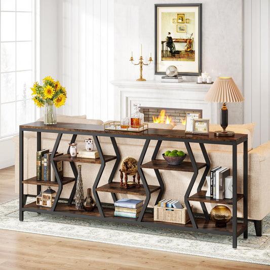 Tribesigns 70.9 Inches Sofa Console Table with 4 Tier Wood Storage Shelves, Industrial Extra Long Narrow Entryway Accent Tables for Hallway, Living Room, Foyer (Rustic Brown) - WoodArtSupply