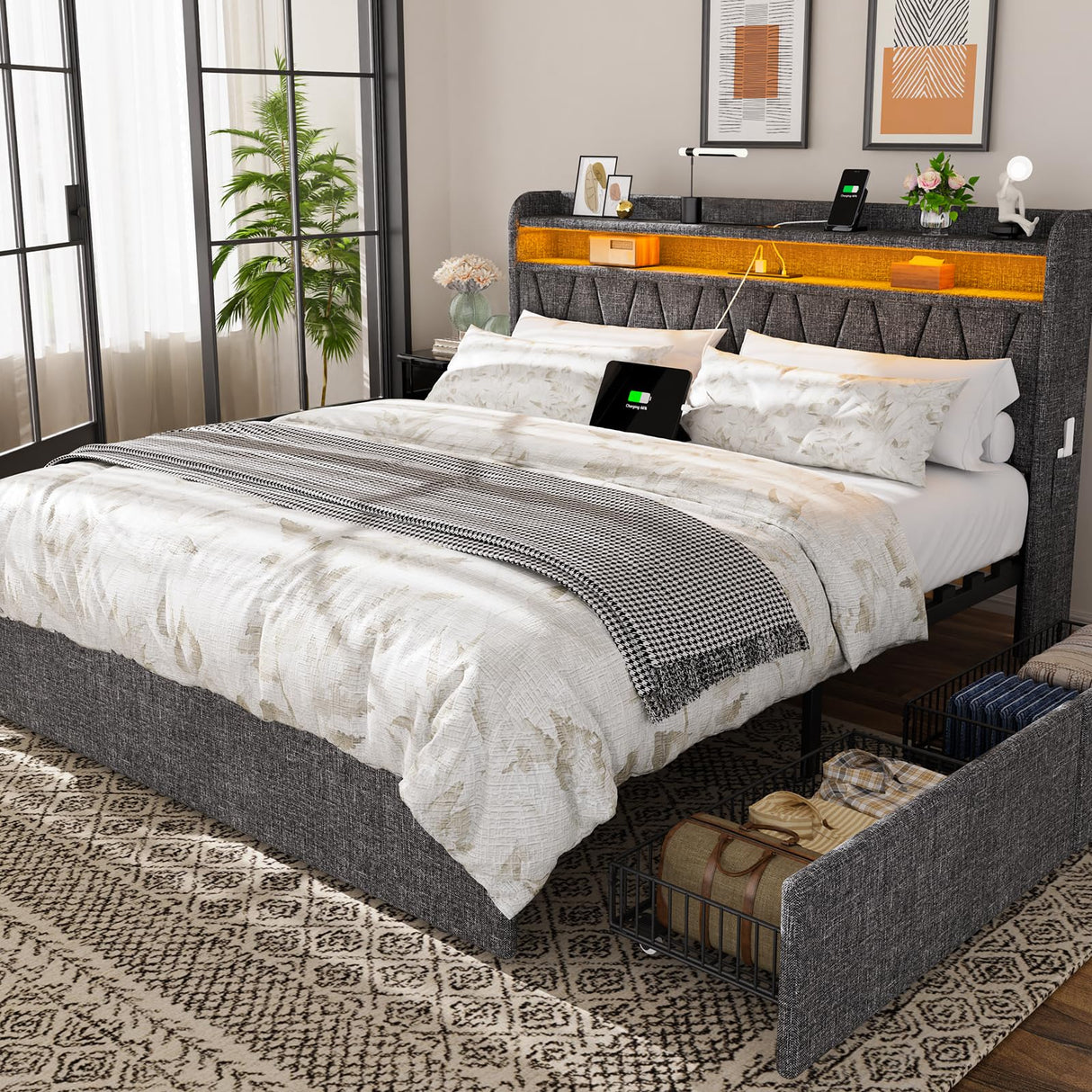 King Size Bed Frame and 2-Tier Headboard, Upholstered Led Bed Frame with 4 Storage Drawers, Led Light and Charging Station, Wooden Slats Support, No Box Spring Needed, NO Noise, Easy Assembly EasyCom