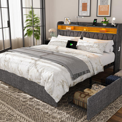 King Size Bed Frame and 2-Tier Headboard, Upholstered Led Bed Frame with 4 Storage Drawers, Led Light and Charging Station, Wooden Slats Support, No Box Spring Needed, NO Noise, Easy Assembly