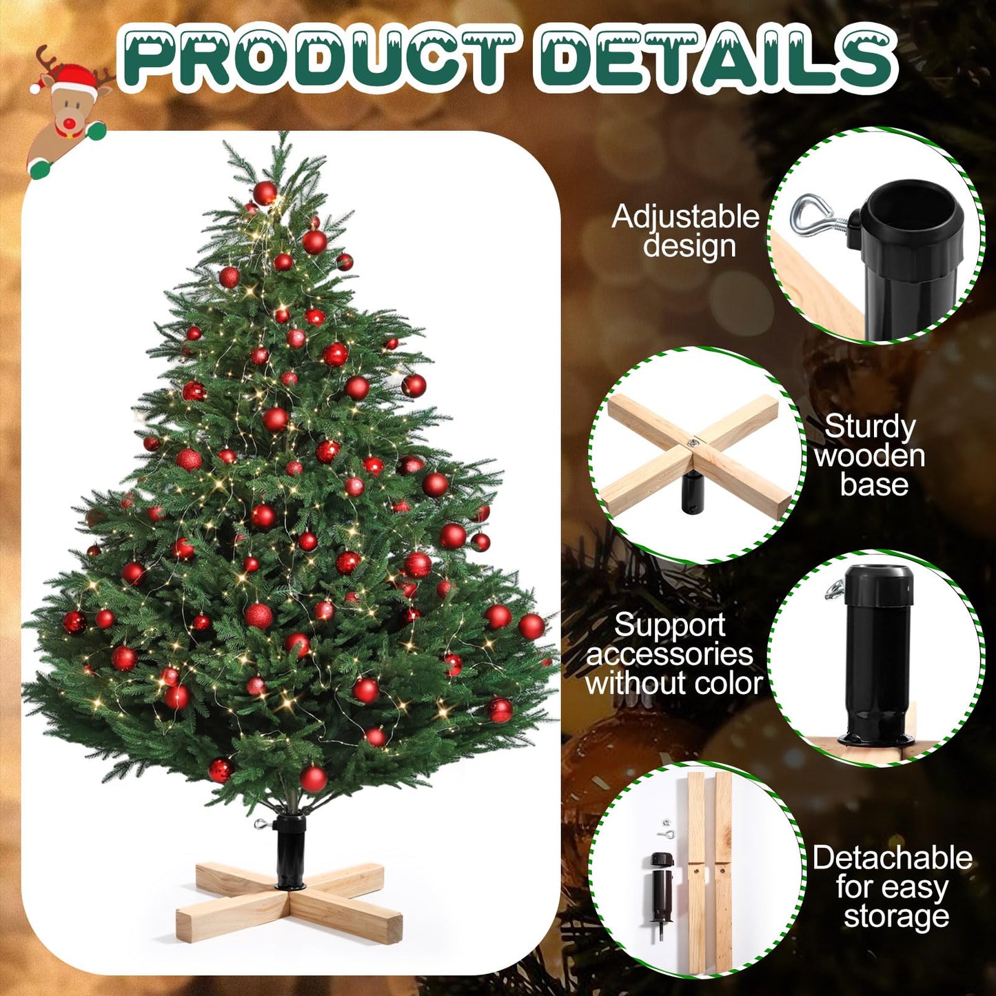 Soaoo Wood Christmas Tree Stand 15.7 Inch Replacement Xmas Tree Stand Base Stable Fake Christmas Tree Base with Thumb Screw Adjustable Fits 0.5 to 1.26 Inch Tree Pole for Artificial Tree (Black Pole)