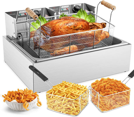 TANGME Commercial Deep Fryer, 3400w Electric Countertop Fryer with 3 Baskets, 22L/23.25Qt 1mm Thickened Stainless Steel Single Oil Fryer with Temperature Limiter for Restaurant, UL Certified TANGME