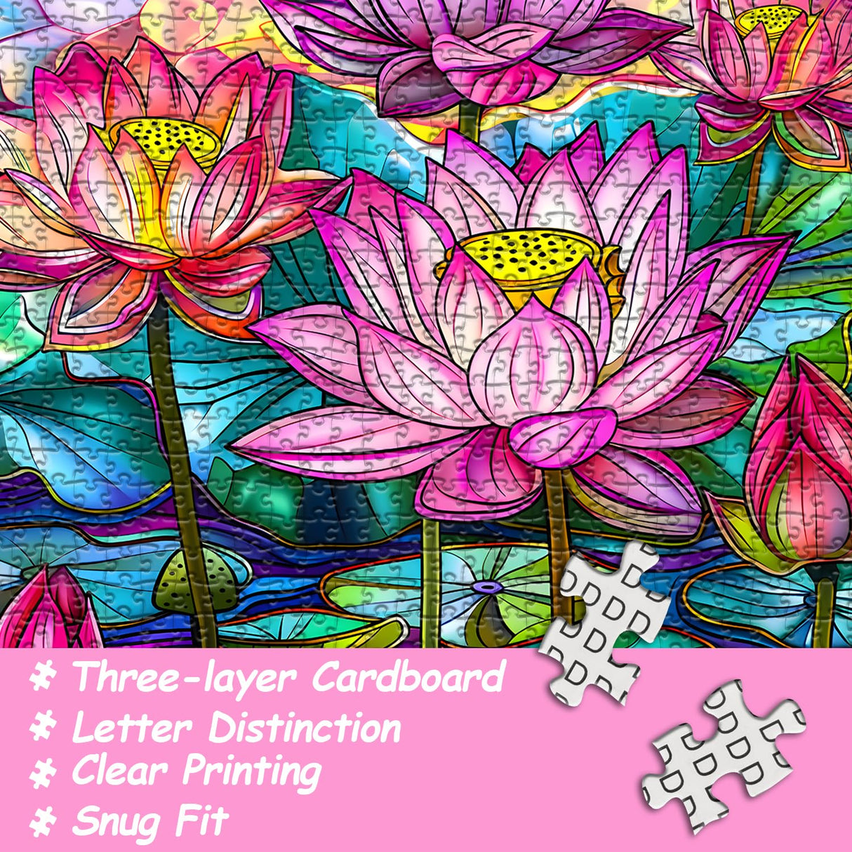 Stained Glass Puzzles for Adults 1000 Pieces, Lotus Flower Puzzle Art, Impossible Hard Challenging Puzzles for Adults, Colorful Floral Stained Glass Jigsaw Puzzle Waterlily PICKFORU