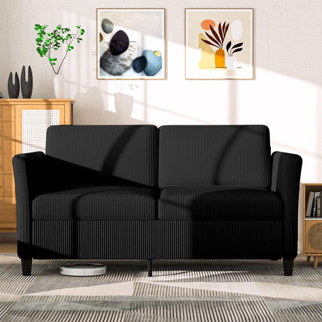 Valthie 60.6" Small Corduroy Loveseat Sofa, Mid-Century Modern 2-Seater Couch with Side Pockets for Small Spaces, Black – Perfect for Living Room, Bedroom, Office & Apartment Valthie