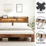 Decoholic King Size Wooden Bed Frame, Storage Headboard with Charging Station & Led Lights, Solid and Stable, Noise Free,Rustic Farmhouse Sturdy Framework Wood Bedframe, Easy Assembly Decoholic