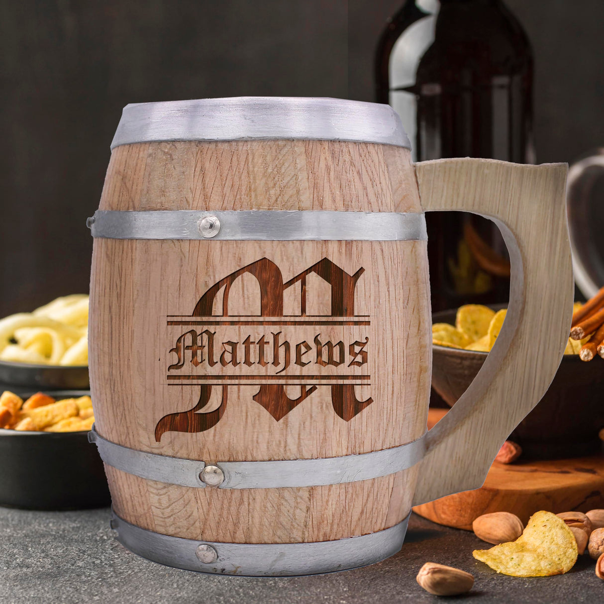 My Personal Memories Customized 24 oz Oak Wood Barrel Beer Mug Tankard with Handle and Stainless Steel Interior (Name Initial Styles) My Personal Memories