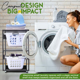 Laundry Basket Holder Shelf (2-Tier) - Stackable Engineered Wood Laundry Tower with Wheels, Tiered Laundry Hamper Organizer for Bathroom, Bedroom LEAPOAK