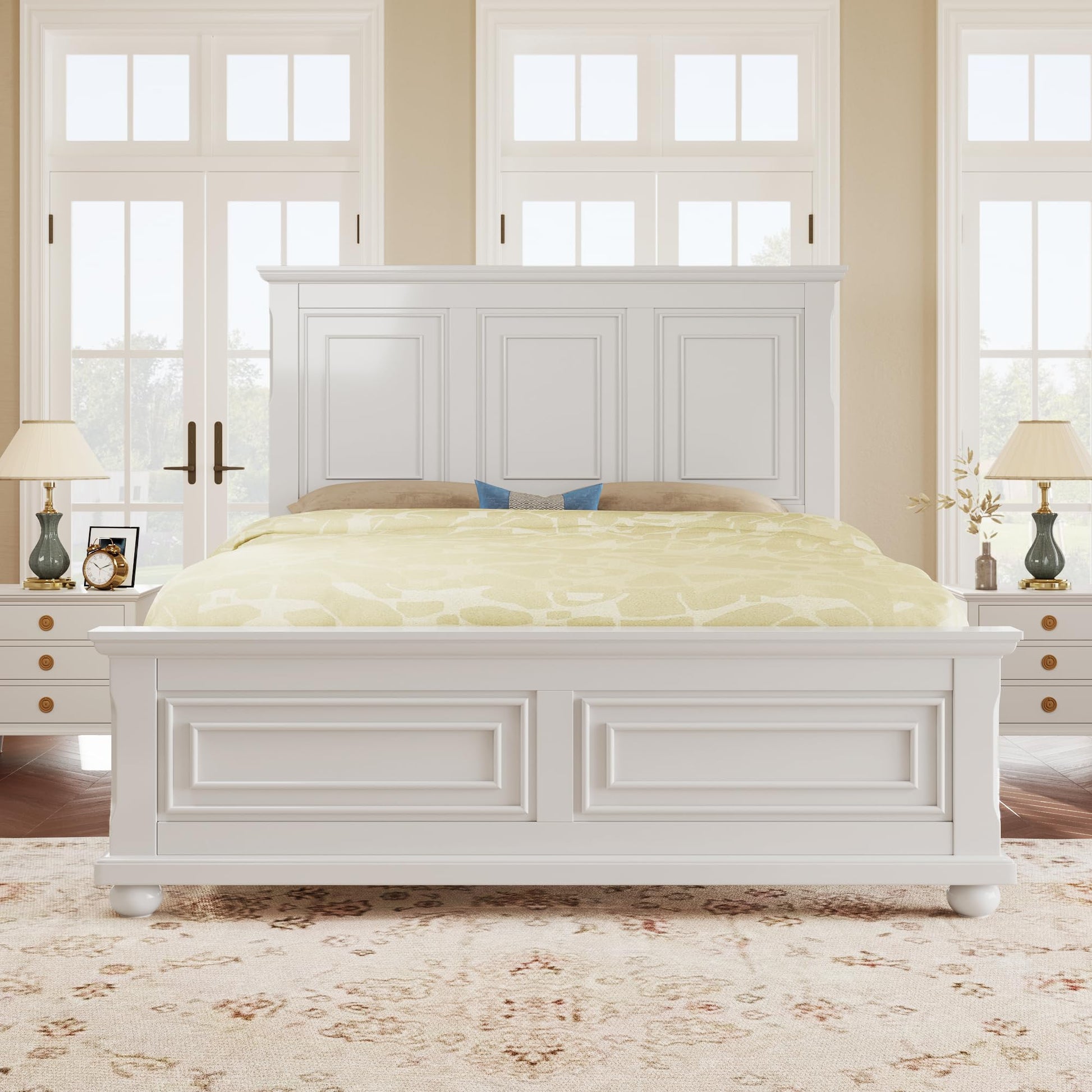 Merax King Vintage Pine Bed in White with Traditional Country Style - WoodArtSupply