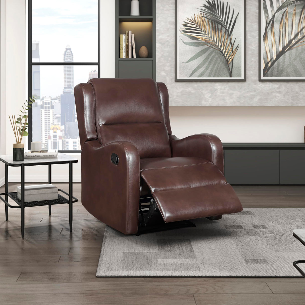 Lexicon Manual Recliner Chair, Reclining Sofa Chair, Home Theater Seating, Wall Hugger, Manual Recliner for Living Room/Office/Apartment, Easy Assembly, Brown Faux Leather Lexicon