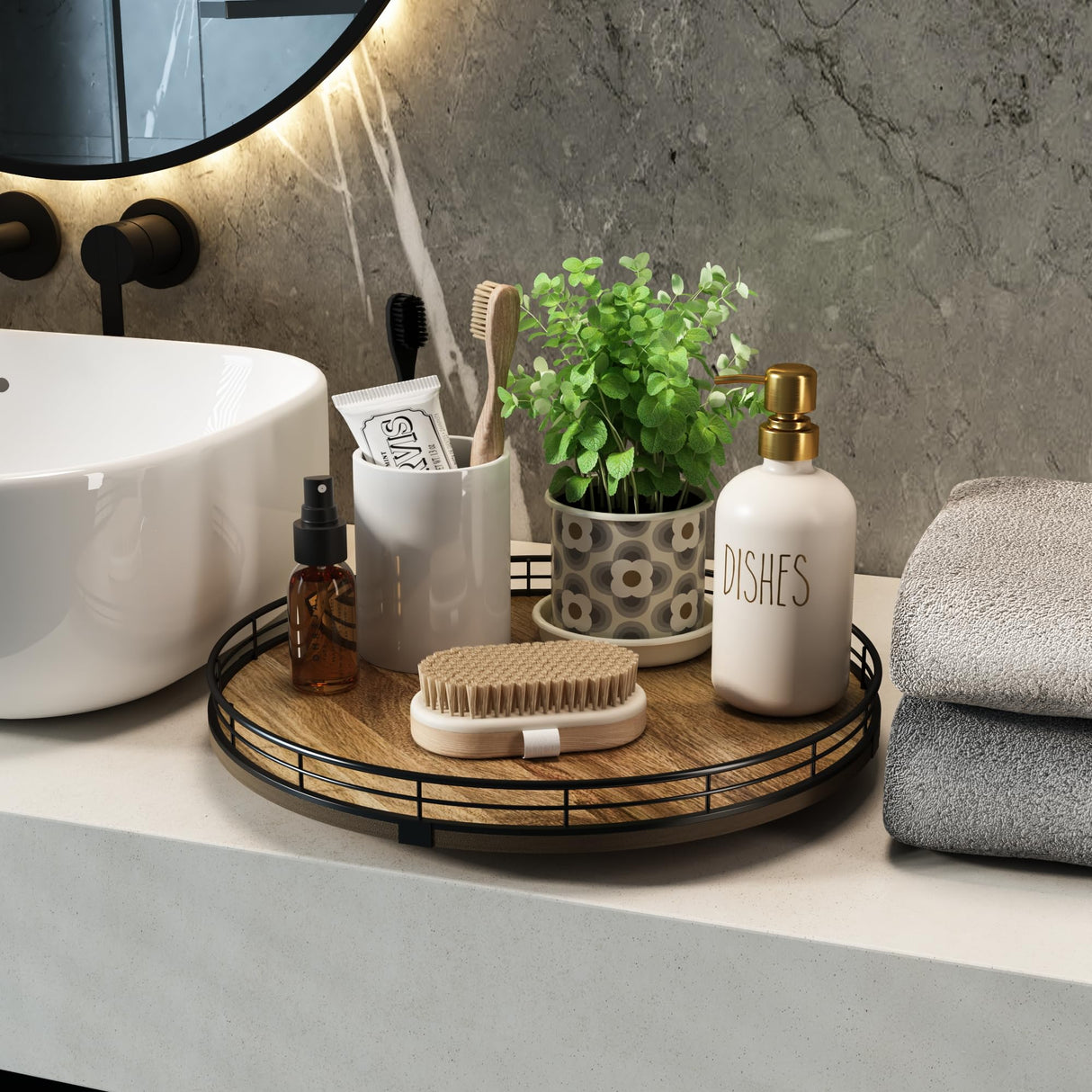 Acacia Wood 13" Lazy Susan Turntable Organizer for Table Top, Farmhouse Round Wooden Lazy Susan for Cabinet Kitchen Centerpieces Coffee Table, for Condiments Spices, Bathroom Vanity Tray Decor HGF