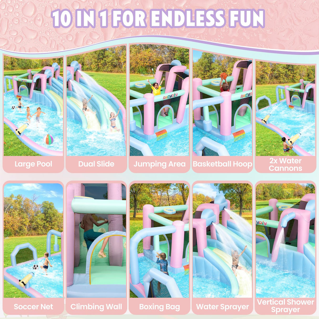 AKEYDIY Inflatable Bounce House Double Slides for Kids, Giant Bounce Castle 21.3FT x14.7FT with Pool, Multiple Game Areas and 950w Blower, for Party Holiday Outdoor Indoor (Dual Slide - Macaron) AKEYDIY