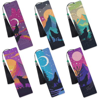 Wolf Diamond Art Bookmarks - 6 Pcs Wild Animal Diamond Painting Bookmarks, Wolf Theme 3D DIY Gem Art Rhinestone Crafts Kit for Adult
