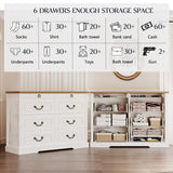 Lareth Farmhouse 6 Drawer Dresser for Bedroom 47 inch Wooden Double Chest of Drawers with Glass Top LED Lights Charging Station One Hidden Drawer Closet Dresser Tv Stand for Living Room, Antique White Lareth