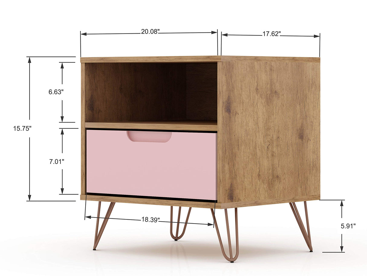 Manhattan Comfort Rockefeller Nightstand with Drawer and Cubby, Mid Century Modern Bedside Table, Minimalist Display and Storage Organizer, Ideal for Bedroom and Living Room, Nature/Rose Pink Manhattan Comfort