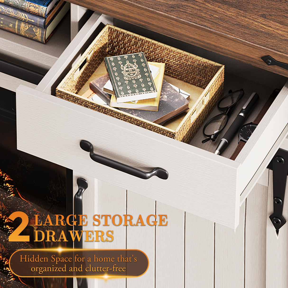 59'' Fireplace TV Stand with 3D Flame Electric Fireplace Heater, 34'' Tall Farmhouse TV Stand for 65 Inch TV, Entertainment Center TV Console with 2 Drawers, Sliding Barn Door for Living Room - White Jocoevol