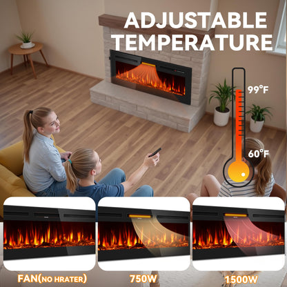 60 Inches Electric Fireplace Inserts, Ultra-Thin Fire Place Heater, Floating Wall Faux Fireplace Electric with Higher Temperatures & Lower Noise, Aesthetic Design & Realistic Flames, 750/1500W