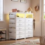 EnHomee Night Stand Set 2 with Charging Station, Tall Nightstand with 5 Drawers, LED Nightstands with USB Ports & Outlets, White Nightstand with Extra Side Bag & Hooks, Side Table, Dresser, Bedroom EnHomee