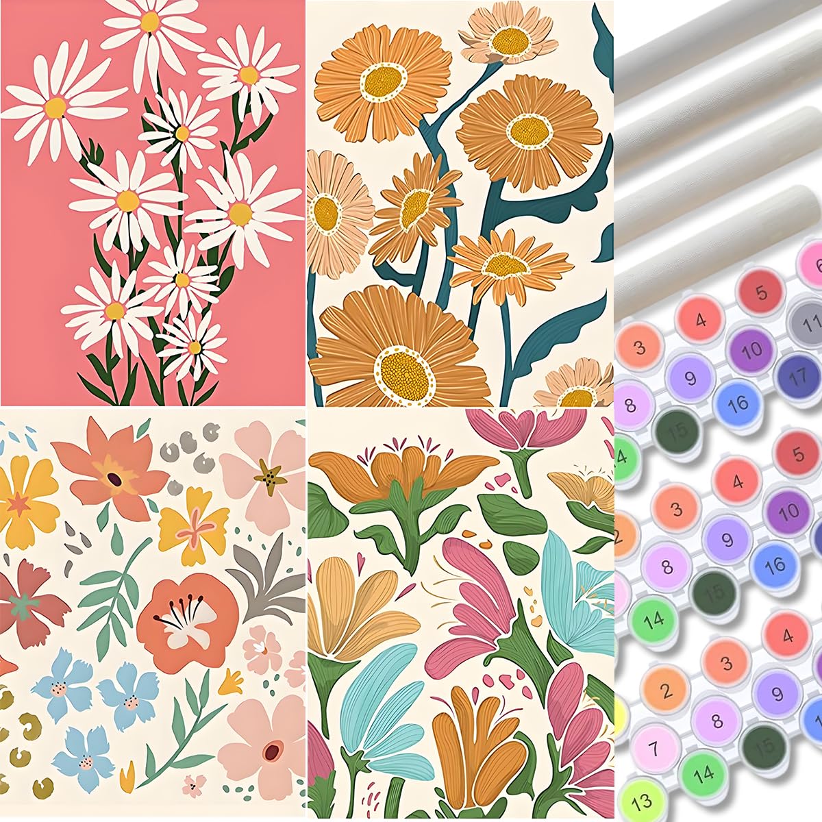 4 Pack Easy Paint by Numbers Kit for Adults Beginner,Small Paint by Number Kits for Flowers ,Number Artist Paint by Number Kit for Adult Painting by Numbers for Adults Canvas 8x12 IN（Without Frame） TONGZONGFU