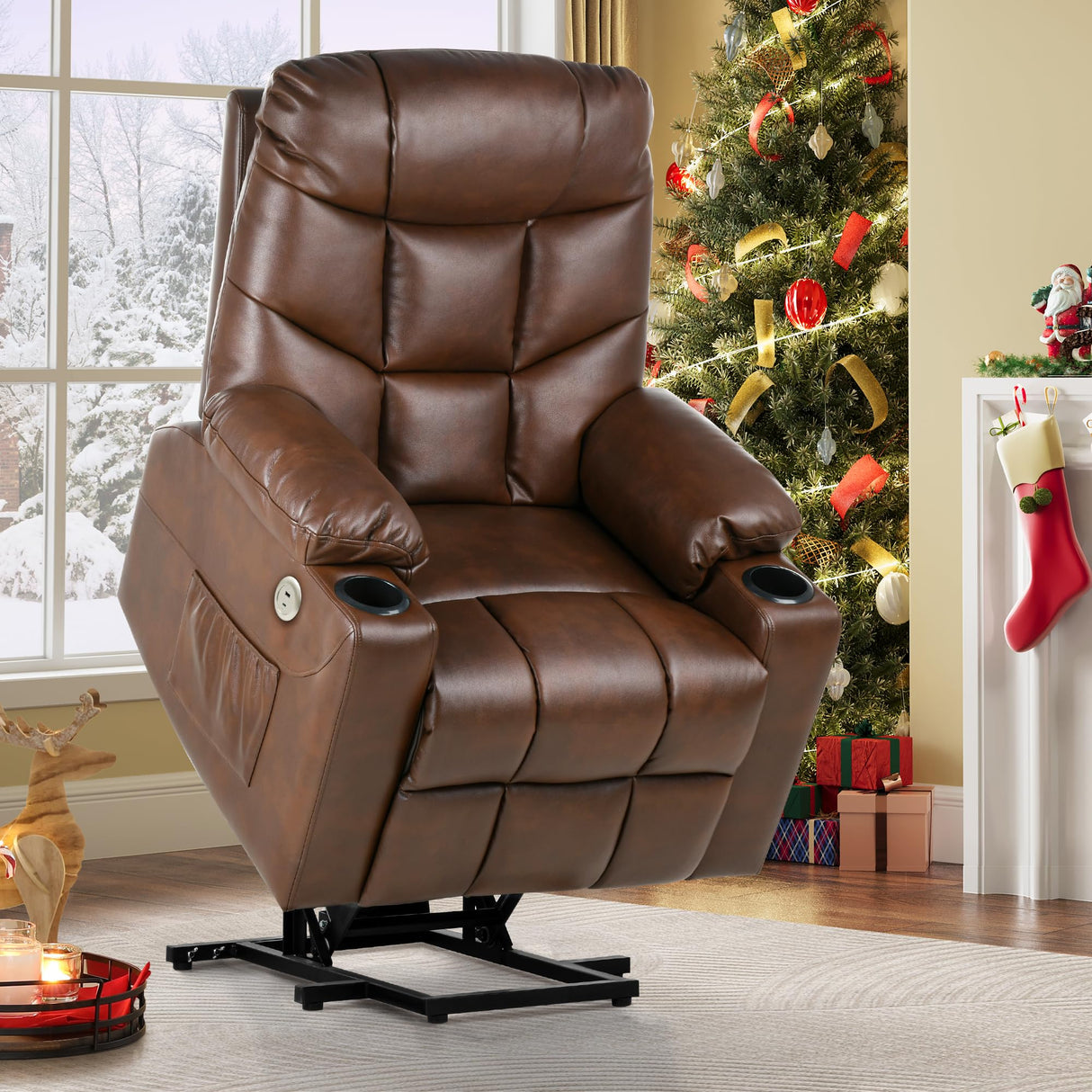 YITAHOME Electric Power Lift Recliner Chair for Elderly, Faux Leather Recliner Chair with Massage and Heat, Spacious Seat, USB Ports, Cup Holders, Side Pockets, Remote Control (Dark Brown) YITAHOME